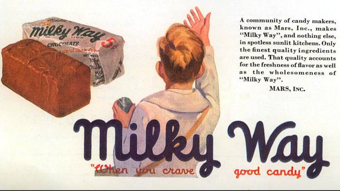 An early advert for the Mars Group promoting 'Milky Way' chocolate bars.