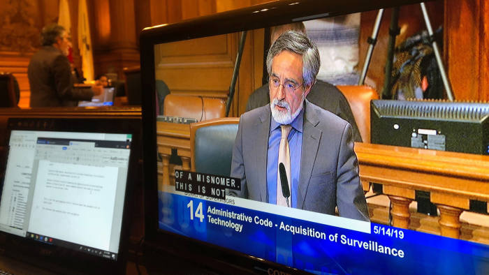 City Supervisor Aaron Peskin speaks before a vote on a surveillance technology ordinance that he sponsored, in San Francisco, California, U.S., May 14, 2019. REUTERS/Jeffrey Dastin