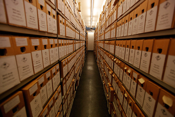 Boxes for evidence are stored in shelves at the International Criminal Court in The Hague