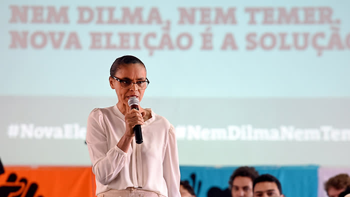 Brazilian former senator and presidential candidate Marina Silva speaks during the launching of the campaign "Nor Dilma, Nor Temer. New election is the solution" in Brasilia, in April 5, 2016. Marina Silva calls for new elections on October as a solution for the Brazilian political crisis. / AFP / EVARISTO SA (Photo credit should read EVARISTO SA/AFP/Getty Images)