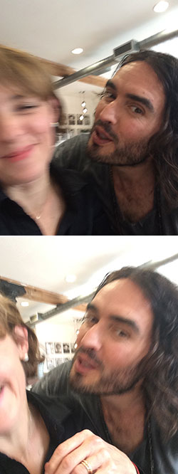 A selfie of Lucy Kellaway with Russell Brand trying to kiss her