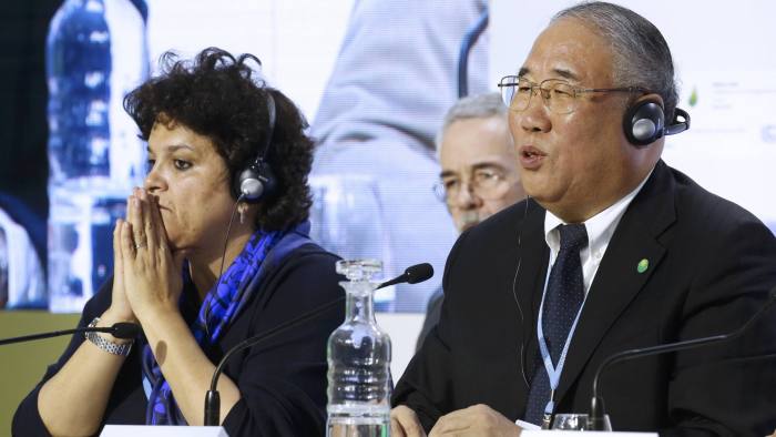 Brazil's Izabella Teixeira (L), Minister for Environment, and Xie Zhenhua, Special Representative for Climat Change of China, attend a news coference during the World Climate Change Conference 2015 (COP21) at Le Bourget, near Paris, France, December 8, 2015. REUTERS/Jacky Naegelen