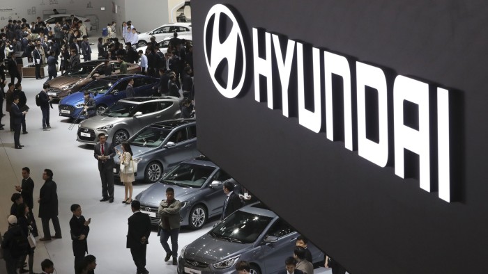 In this March 30, 2017 photo, Hyundai Motor's vehicles are displayed during a media preview of the 2017 Seoul Motor Show in Goyang, South Korea. Hyundai Motor Co. said Wednesday, April 26 that its January-March net profit was 1.3 trillion won ($1.2 billion), compared with 1.7 trillion won a year earlier. (AP Photo/Lee Jin-man)