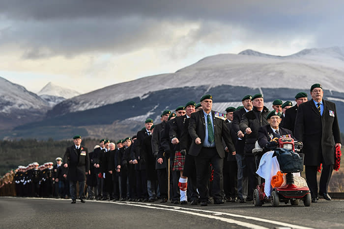 SPEAN BRIDGE, UNITED KINGDOM - NOVEMBER 12: Both serving and former commandos gather during the Commando Memorial Service commemorate and pay respect to the sacrifice of service men and women who fought in the two World Wars and subsequent conflicts on November 12, 2017 in Spean Bridge, Scotland. People across the UK will gathered to pay tribute to service personnel who have died during conflicts, as part of the annual Remembrance Sunday ceremonies. (Photo by Jeff J Mitchell/Getty Images) ***BESTPIX***