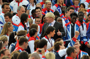 Johnson talks to athletes at the Olympic and Paralympic Parade at the Queen Victoria Memorial, London, September 10 2012