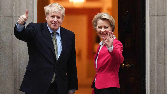 Mandatory Credit: Photo by ANDY RAIN/EPA-EFE/Shutterstock (10520781a) British Prime Minister Boris Johnson (L) welcomes European Commission President Ursula von der Leyen (R) to 10 Downing Street in London, Britain, 08 January 2020. Johnson and Leyen are expected to discuss the future relationship between Britain and the EU after Brexit. European Commission President Ursula von der Leyen visit, London, United Kingdom - 08 Jan 2020