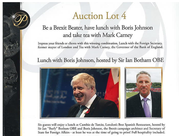 Auction lots included a lunch with foreign secretary Boris Johnson and former England cricketer Ian Botham