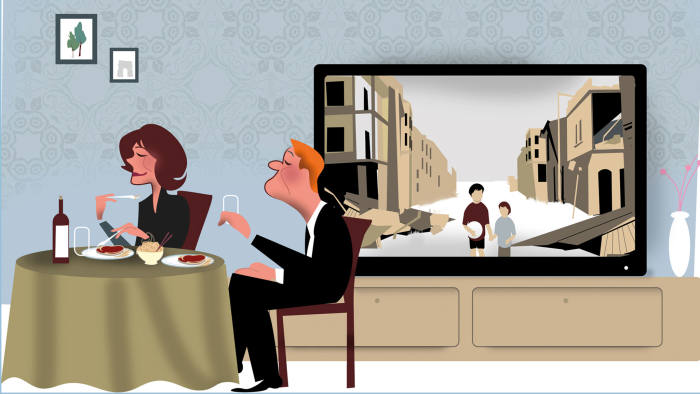Illustration by Luis Grañena of a posh couple having dinner with their backs turned on a TV screen showing victims of war