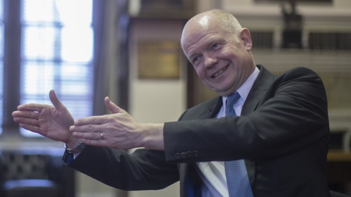 Former leader of the conservatives and foreign secretary, William Hague, photographed during an interview with the FT at the RUSI building in Whitehall.