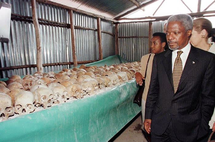 (FILES) In this file photo taken on May 8, 1998 UN Secretary General Kofi Annan walks by skulls at the Mulire Genocide memorial. - Former United Nations Secretary General and Nobel Peace Prize laureate Kofi Annan has died on August 18, 2018 after a short illness at the age of 80, his foundation announced. "It is with immense sadness that the Annan family and the Kofi Annan Foundation announce that Kofi Annan, former Secretary General of the United Nations and Nobel Peace Laureate, passed away peacefully on Saturday 18th August after a short illness," the foundation said in a statement. (Photo by ALEXANDER JOE / AFP)ALEXANDER JOE/AFP/Getty Images
