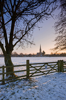 A view across fields towards Salisbury Cathedral