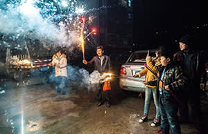 Xiang Ju’s family celebrating Chinese New Year with fireworks