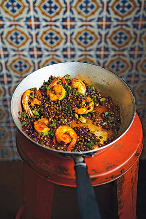 Warm barberry and posh prawns with lentils