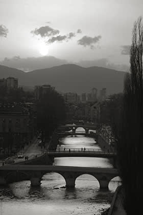 The river Miljacka, Sarajevo. The fourth bridge from the front, now the Latin Bridge, was renamed in honour of Princip in postwar Yugoslavia