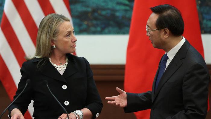 BEIJING, CHINA - SEPTEMBER 05: (L-R) U.S. Secretary of State Hillary Clinton talks with Chinese Foreign Minister Yang Jiechi during a press conference at the Great Hall of the People on September 5, 2012 in Beijing, China. Secretary Clinton will urge the Chinese to use a collective diplomatic approach in solving terriorial disputes with its neighbors. (Photo by Feng Li/Getty Images)