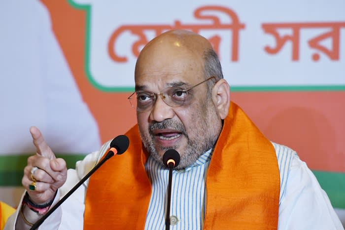 Amit Shah , National President of BJP addressing a press conference on April 22,2019 in Kolkata,India. Amit Shah said, "Sadhvi Pragya ko jhoothe case me fansaya gaya [Sadhvi Pragya was framed on a false case]." He said in fact questions should be asked on the Samjhauta blast case. "The real question is where are the culprits of the Samjhauta blast? Who are they? West Bengal Chief Minister Mamata Banerjee should respond to all these questions," Amit Shah said. Intensifying his attack on Mamata Banerjee, Amit Shah dared West Bengal chief minister to clarify her stand on Omar Abdullah's demand for a separate prime minister, Article 370 and Article 35A. "The BJP is being called a terrorist organisation. I dare Mamata Banerjee to clarify her stand on Articles 370 and 35A," he said. (Photo by Debajyoti Chakraborty/NurPhoto via Getty Images)