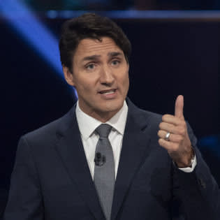   Le chef libéral Justin Trudeau s'exprime lors du débat en français des dirigeants fédéraux à Gatineau (Québec), le jeudi 10 octobre 2019. (Adrian Wyld / The Canadian Presse via AP) 