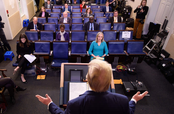 US President Donald Trump speaks during the daily briefing on the novel coronavirus, COVID-19, in the Brady Briefing Room at the White House on March 25, 2020, in Washington, DC. (Photo by MANDEL NGAN / AFP) (Photo by MANDEL NGAN/AFP via Getty Images)