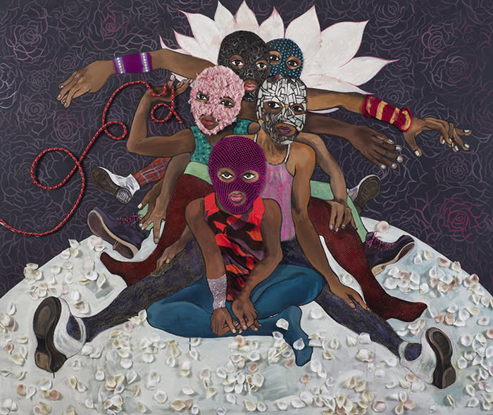 Chitra Ganesh Pussy Riot, 2015 Acrylic, faux flower petals, textiles, tinted plastic, rope, broken mirror, faux fur, leather,glitter and glass on canvas 60 x 72 inches (152.4 x 182.9 cm) Courtesy Gallery Wendi Norris