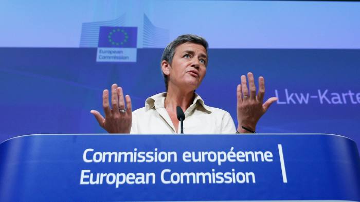 epa05431746 EU Commissioner for Competition, Danish, Margrethe Vestager gives a press conference on a case of anticompetitive practices, in Brussels, Belgium, 19 July 2016. The European Commission said it found MAN, Volvo/Renault, Daimler, Iveco, and DAF responsible of breaking EU antitrust rules. According to the Commission, the five truck makers have been fixing prices of trucks over 14 years on truck pricing. The Commission imposed a record fine of almost 3 billion euro on the truck makers except for MAN which had revealed the cartel's existence. EPA/LAURENT DUBRULE