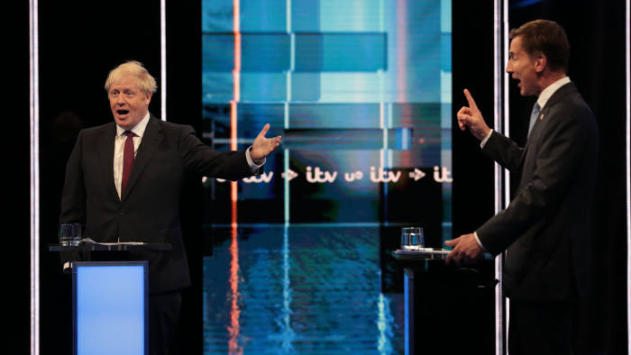 Conservative leadership contenders Boris Johnson and Foreign secretary Jeremy Hunt (R) take part in Britain's Next Prime Minister: The ITV Debate in Manchester on July 9, 2019. (Photo by Matt Frost / various sources / AFP) / RESTRICTED TO EDITORIAL USE - MANDATORY CREDIT "AFP PHOTO / ITV / MATT FROST " - NO MARKETING NO ADVERTISING CAMPAIGNS - DISTRIBUTED AS A SERVICE TO CLIENTS --- NO ARCHIVE ---MATT FROST/AFP/Getty Images