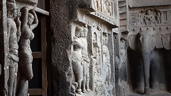 Carvings of an elephant and ‘mithuna’ couples at Karle