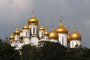 A Russian church with golden cupolas