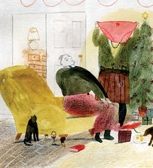 Illustration of people giving gifts by Laura Carlin