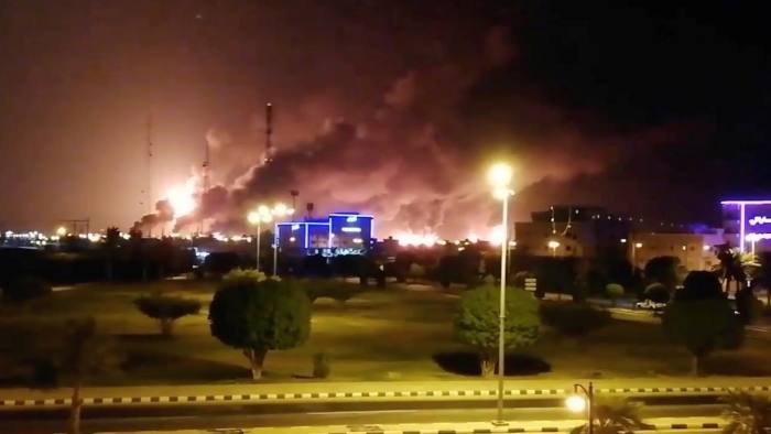 Smoke is seen following a fire at an Aramco factory in Abqaiq, Saudi Arabia, September 14, 2019 in this picture obtained from social media. VIDEOS OBTAINED BY REUTERS/via REUTERS ATTENTION EDITORS - THIS IMAGE HAS BEEN SUPPLIED BY A THIRD PARTY. MANDATORY CREDIT. NO RESALES. NO ARCHIVES.
