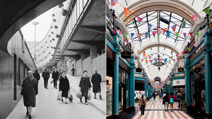 (Left) Shoppers in a city subway, 1963; (right) the Great Western Arcade, a restored 19th-century shopping mall in the city centre