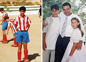 From left: playing football in Mallorca, aged eight; at 13, with father Sebastian and sister Maribel at her communion