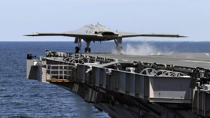 ATLANTIC OCEAN - MAY 14: In this handout released by the U.S. Navy courtesy of Northrop Grumman, an X-47B Unmanned Combat Air System (UCAS) demonstrator launches from the aircraft carrier USS George H.W. Bush (CVN 77) May 14, 2013 in the Atlantic Ocean. George H.W. Bush is the first aircraft carrier to successfully catapult-launch an unmanned aircraft from its flight deck. The Navy plans to have unmanned aircraft on each of its carriers to be used for surveillance and be armed and used in combat roles. (Photo by Alan Radecki/U.S. Navy/Northrop Grumman via Getty Images)