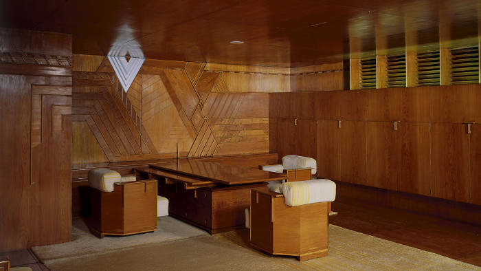 Frank Lloyd Wright (1867 – 1959), Edgar J. Kaufmann Office, 1935 – 1937, panelled room, with panels of swamp cypress plywood. Victoria and Albert Museum, London © ARS, NY and DACS, London 2018.