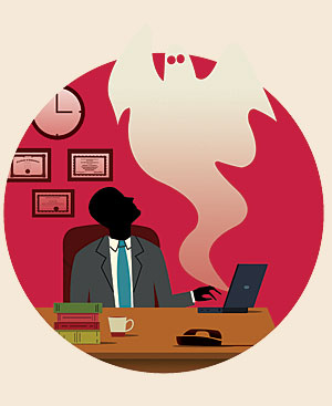 illustration of a ghost haunting an executive office by Nick Lowndes