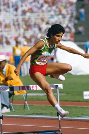 Nawal el-Moutawakel of Morocco during the women's 400-meter hurdles of the Los Angeles Olympics