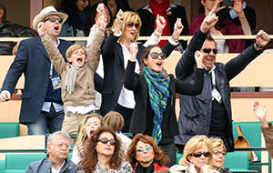 Nadal’s girlfriend, María Francisca Perelló (in blue scarf ) with family members and friends at the Monte Carlo Rolex Masters, April 2013