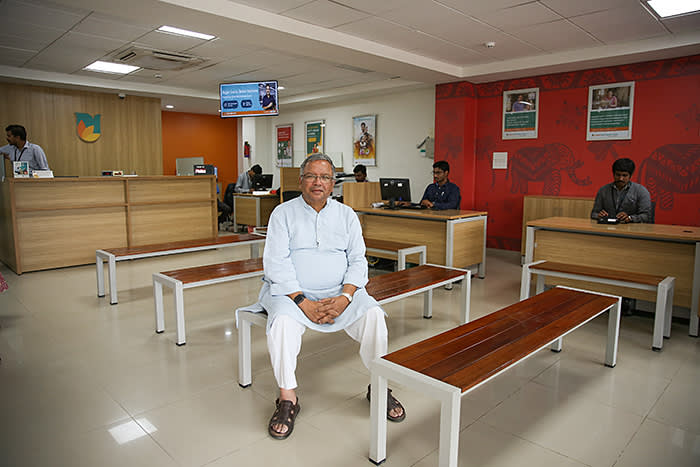 Samik Ghosh poses for a photograph inside the Koramangala branch of Ujjivan bank in Bangalore, India. Ghosh founded Ujjivan in 2005 with the mission to create an institution providing financial services to the unserved and underserved. Ujjivan became a small finance bank in 2017 with over 480 branches and 700,000 bank accounts in both semi-urban and rural areas.