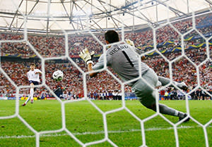 Steven Gerrard of England has his penalty saved by Ricardo of Portugal in a penalty shootout during the Fifa World Cup Germany 2006