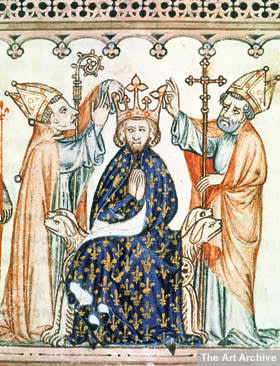 An illuminated manuscript showing the coronation of Philippe III of France