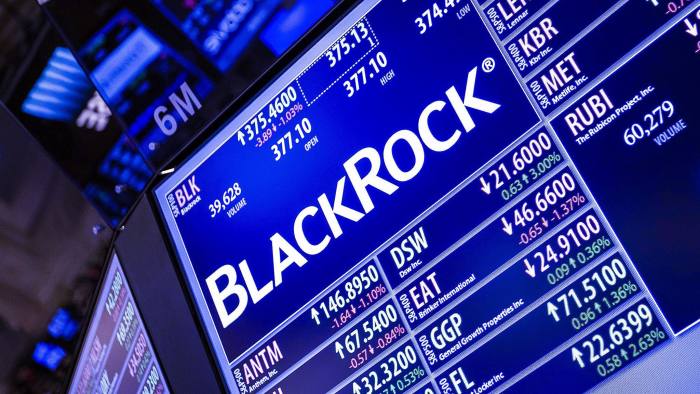 A monitor displays BlackRock Inc. signage on the floor of the New York Stock Exchange (NYSE) in New York, U.S