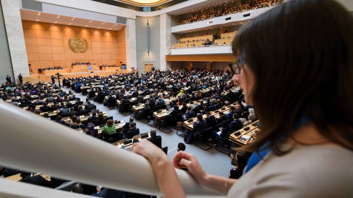 Delegates listen to the last speech of outgoing Director General of the World Health Organization (WHO), China's Margaret Chan, on the opening day of the World Health Assembly (WHA), the WHO's annual meeting, on May 22, 2017 in Geneva. Margaret Chan will step down in June after 11 years in the role. / AFP PHOTO / Fabrice COFFRINI (Photo credit should read FABRICE COFFRINI/AFP/Getty Images)