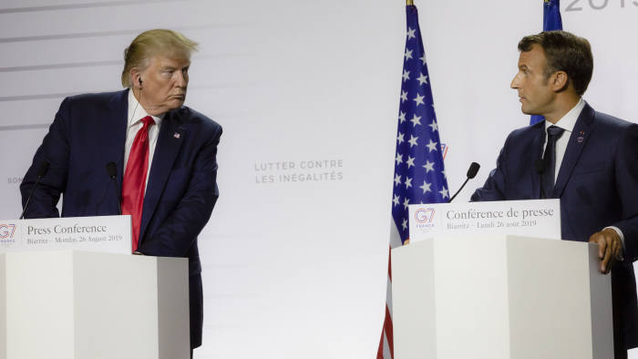 Donald Trump (L), President of the USA, and Emmanuel Macron, President of France during the final press conference of the G7 Summit on 26 August 2019, in Biarritz, France. Macron said that the conditions were created for a meeting between Trump and Iranian President Ruhani. The summit will take place from 24 to 26 August in Biarritz. (Photo by Rita Franca/NurPhoto via Getty Images)