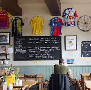 Cycling memorabilia at Yorks café in Thirsk