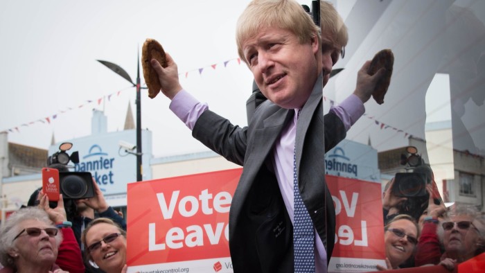 NOTE ALTERNATE CROP Former Mayor of London Boris Johnson holds a Cornish pasty as he boards the Vote Leave campaign bus in Truro, Cornwall, ahead of its inaugural journey which will criss-cross the country over the coming weeks to take the Brexit message to all corners of the UK before the June 23 referendum. PRESS ASSOCIATION Photo. Picture date: Wednesday May 11, 2016. See PA story POLITICS EU. Photo credit should read: Stefan Rousseau/PA Wire