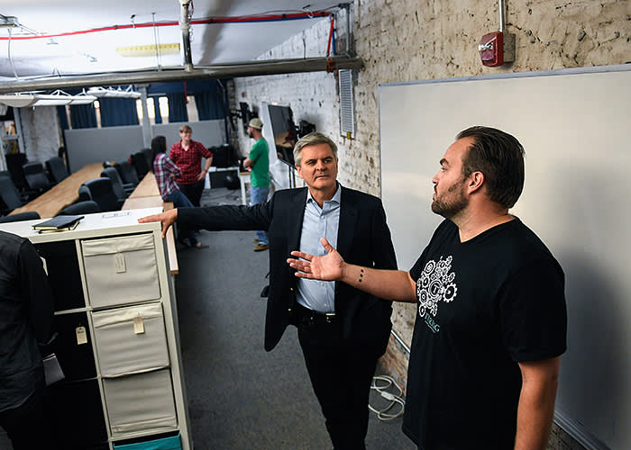 DENVER, CO - OCTOBER 04: Steve Case, co-founder of AOL, talking with Jeff Casimir executive director at the Turing School of Software & Design in Denver as part of his Rise of the Rest tour to highlight startups outside of Silicon Valley. October 04, 2016 Denver, CO. (Photo By Joe Amon/The Denver Post via Getty Images)