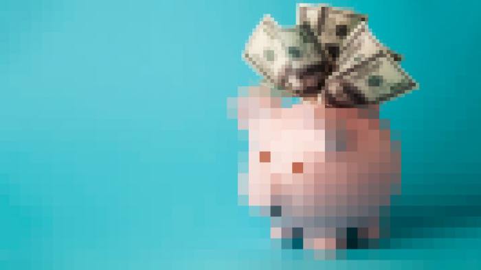 "A smiling pink piggybank stuffed with $100 dollar bills, on blue background with copy space.  You may also like:"