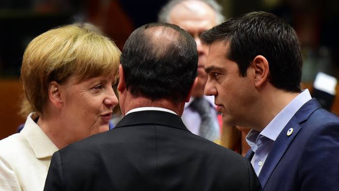 (From L) German Chancellor Angela Merkel, French President Francois Hollande, and Greek Prime Minister Alexis Tsipras confer prior to the start of a summit of Eurozone heads of state in Brussels on July 12, 2015. The EU cancelled a full 28-nation summit to decide whether Greece stays in the European single currency as a divided eurozone struggled to reach a reform-for-bailout deal. AFP PHOTO / JOHN MACDOUGALL