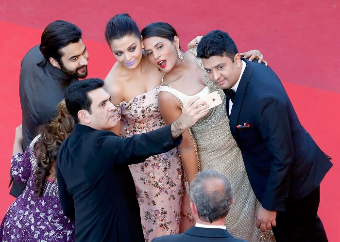 CANNES, FRANCE - MAY 15: Producer Jackky Bhagnani, Deepshika Deshmukh , actors Darshan Kumaar, Aishwarya Rai, Richa Chadha and T-Series head Bhushan Kumar attend the "From The Land Of The Moon (Mal De Pierres)" premiere during the 69th annual Cannes Film Festival at the Palais des Festivals on May 15, 2016 in Cannes, France. (Photo by Pool/Getty Images)