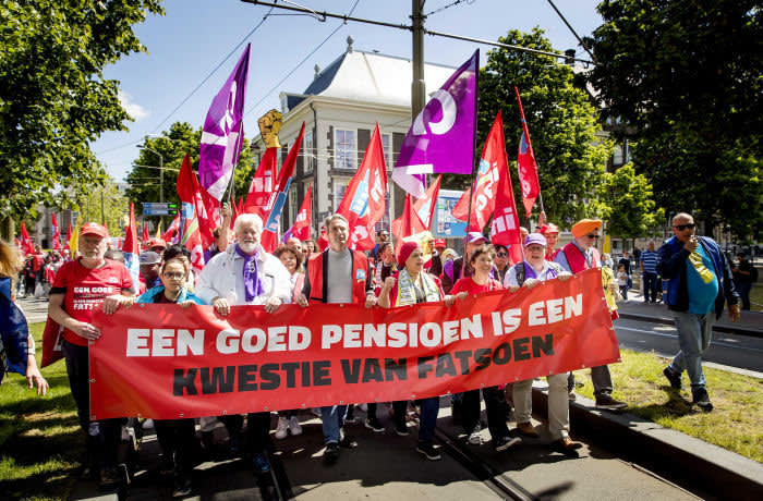 Mandatory Credit: Photo by KOEN VAN WEEL/EPA-EFE/REX/Shutterstock (10255669a) Activists take part in a demonstration asking for better pensions in The Hague, The Netherlands, 29 May 2019. Trade unions CNV, FNV and VCP called for a large-scale strike to reinforce their pension wishes. Sign in picture reading 'A good pension is a matter of decency.' Activists demonstrate for better pensions, The Hague, Netherlands - 29 May 2019
