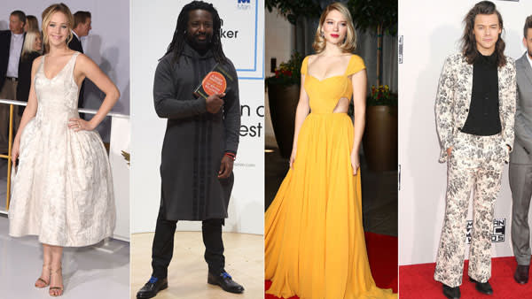 From left to right: Jennifer Lawrence; Marlon James; Lea Seydoux; Harry Styles